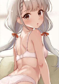 1girl :o asymmetrical_bangs blurry blurry_background blush bra braid braided_bangs breasts ca_paria commentary_request grey_hair hair_ribbon hisakawa_nagi idolmaster idolmaster_cinderella_girls indoors long_hair looking_at_viewer looking_back median_furrow orange_ribbon panties partial_commentary ribbon shoulder_blades small_breasts solo twintails underwear underwear_only very_long_hair white_bra white_panties