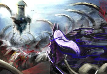 1other absurdres black_tunic bone chain floating_island from_behind gauntlets highres holding holding_sword holding_weapon horns long_hair mask outdoors oversized_object plant_roots ribs shadow_slave simple_bird smoke solo standing sunny_(shadow_slave) sword tunic upper_body veins weapon white_hair xiezmy2