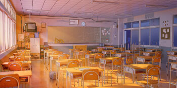 bag blue_bag box bucket cable calendar_(object) cardboard_box chair chalkboard classroom clock corded_phone crt desk fluorescent_lamp highres indoors jinsan233 light_switch no_humans original pen phone protractor public_address_system scenery school_bag set_square sunlight television window