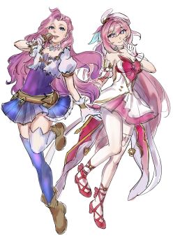 2girls absurdres bare_shoulders beret blue_dress blue_eyes blue_thighhighs breasts chinese_commentary cleavage color_connection commentary_request diamond-shaped_pupils diamond_(shape) dress elysia_(hi_love_elf)_(honkai_impact) elysia_(honkai_impact) gloves hair_color_connection hat high_heels highres holding holding_microphone honkai_(series) honkai_impact_3rd large_breasts league_of_legends long_hair microphone multicolored_dress multicolored_hair multiple_girls pink_dress pink_hair purple_eyes qing_lan_se_liuxing red_dress seraphine_(league_of_legends) symbol-shaped_pupils thighhighs thighs two-tone_hair very_long_hair white_dress white_gloves white_hair white_thighhighs