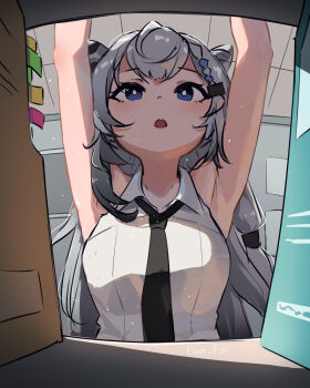 Rule 34 | 1girl, armpits, arms up, black necktie, breasts, fian f.n, grey eyes, grey hair, highres, hololive, hololive indonesia, indoors, long hair, looking up, medium breasts, necktie, open mouth, shirt, sleeveless, sleeveless shirt, solo, upper body, vestia zeta, vestia zeta (businesswoman), virtual youtuber, white shirt