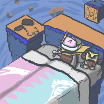 bed blanket cellphone character_doll clock closed_eyes dialga digital_clock distortion_world doll dragon fur-trimmed_headwear fur_trim gen_4_pokemon giratina giratina_(origin) hat legendary_pokemon lying nightcap nintendo no_humans on_bed palkia phone pillow pink_hat pokemon pokemon_(creature) pokemon_dppt pom_pom_(clothes) sleeping smartphone soandnb stuffed_animal stuffed_toy unworn_eyewear