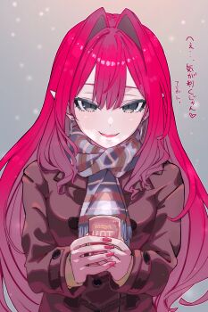 1girl absurdres baobhan_sith_(fate) blush breasts brown_jacket can drink_can earrings fate/grand_order fate_(series) grey_eyes grey_scarf highres jacket jewelry long_hair long_sleeves looking_at_viewer medium_breasts niwaikanai pink_hair pointy_ears scarf sidelocks smile solo translation_request