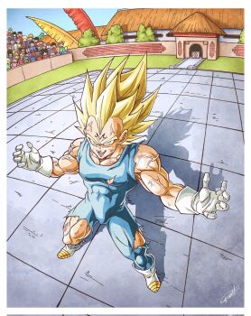Rule 34 | 6+boys, 6+girls, arena, blonde hair, blue bodysuit, bodysuit, boots, border, crowd, dragon ball, dragonball z, facial mark, forehead mark, full body, gloves, green eyes, highres, majin vegeta, male focus, multiple boys, multiple girls, muscular, muscular male, renatt (rntt o), shadow, signature, smirk, solo focus, spiked hair, standing, super saiyan, vegeta, white boots, white border, white gloves