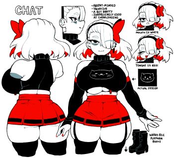 1girl animal_print arrow_(symbol) bags_under_eyes bare_shoulders black_boots black_bridal_gauntlets boots breasts bridal_gauntlets cat cat_print chat_(dizzyspells) cleavage_cutout closed_mouth clothing_cutout commentary cowboy_shot cropped_legs cropped_sweater dizzyspells earrings english_commentary english_text garter_straps hair_over_one_eye hair_ribbon hairband highres jewelry large_breasts medium_hair midriff miniskirt multiple_views open_mouth original red_nails red_ribbon reference_sheet ribbon skindentation skirt sweater thick_eyebrows thick_thighs thighhighs thighs tongue tongue_out turtleneck turtleneck_sweater underboob underboob_cutout white_background white_hair zettai_ryouiki zipper