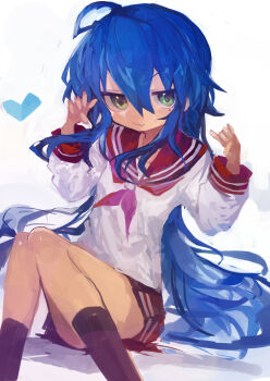 1girl :3 absurdres ahoge black_socks blue_hair commentary green_eyes hair_between_eyes heart highres izumi_konata kaamin_(mariarose753) kneehighs long_hair long_sleeves looking_at_viewer lucky_star mole mole_under_eye neckerchief pleated_skirt red_neckerchief red_sailor_collar red_skirt ryouou_school_uniform sailor_collar school_uniform serafuku simple_background sitting skirt socks solo very_long_hair white_background