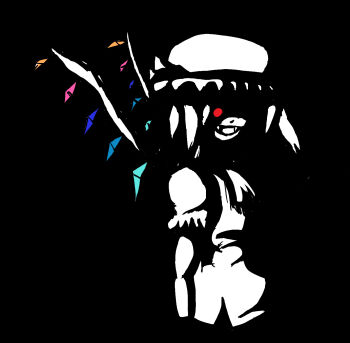 1girl cookie_(artist) crazy_eyes dark darkness evil_face evil_grin evil_smile fangs female_focus flandre_scarlet glowing glowing_eyes grin hat highres monochrome perfectly_sane red_eyes simple_background smile solo touhou wings
