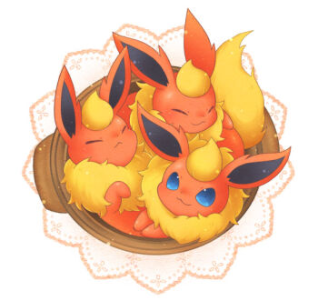 :&lt; :3 blue_eyes closed_eyes flareon gen_1_pokemon nintendo no_humans pokemon pokemon_(creature) simple_background smile ten&#039;on_(amane09)