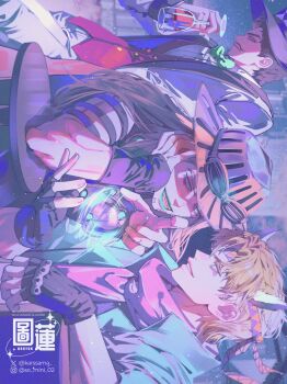 Rule 34 | 3boys, alcohol, alternate universe, aqua jacket, arm warmers, armband, battle tendency, black armband, black gloves, blonde hair, blue jacket, bow, bowtie, brown hair, brown hat, bubble, caesar anthonio zeppeli, coat, commentary, cowboy hat, cup, drinking glass, facial hair, facial mark, family, feather hair ornament, feathers, fingerless gloves, gloves, goggles, goggles on headwear, gold teeth, green bow, green bowtie, green eyes, green lips, gyro zeppeli, hair ornament, hand on own face, hat, headband, highres, holding, holding cup, hydrokinesis, in-franchise crossover, jacket, jojo no kimyou na bouken, karssama, long hair, looking at viewer, makeup, male focus, multiple boys, mustache, pants, phantom blood, pink headband, pink scarf, purple arm warmers, red vest, scarf, short hair, sideways, smile, spinning, steel ball run, top hat, triangle print, twitter username, vest, water, white coat, white pants, will anthonio zeppeli, wine, wine glass