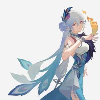 Rule 34 | 1girl, absurdres, bare shoulders, blue dress, blue eyes, blue nails, blue pupils, bracelet, breasts, chinese clothes, chinese commentary, closed mouth, commentary request, dress, earrings, feathers, fire, gaoxingde bingxianhsudong niurouwan, gradient hair, hair between eyes, hair ornament, highres, honkai: star rail, honkai (series), jewelry, long hair, looking at viewer, low-tied long hair, multicolored eyes, multicolored hair, nail polish, ofuda, peacock feathers, purple eyes, simple background, sleeveless, sleeveless dress, smile, solo, white background, white hair, yao guang (honkai: star rail)