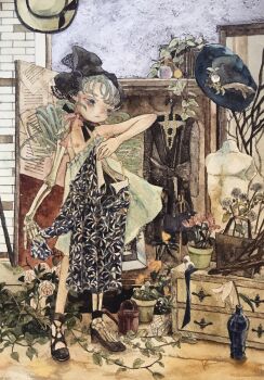 Rule 34 | 1girl, acrylic paint (medium), barefoot, black shirt, blue eyes, blush, bow, choker, closed mouth, commentary request, drawer, dress, floral print, flower, from side, full body, grey hair, hair bow, hair bun, hat, highres, holding, holding shirt, holding unworn clothes, holding unworn skirt, indoors, jewelry, karintoun, lace, nipples, original, painting (medium), plant, potted plant, ribbon, scarf, shirt, shoes, short hair, signature, skeleton, skirt, standing, traditional media, unworn shirt, unworn skirt, vase, watercolor (medium), watering can, wooden floor