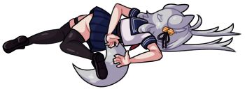 Rule 34 | absurdres, animal ears, bell, black ribbon, black shoes, black thighhighs, blue sailor collar, blue skirt, cat ears, cat girl, cat tail, collared shirt, commentary, english commentary, family guy death pose (meme), filian (vtuber), full body, hair bell, hair ornament, hair ribbon, highres, indie virtual youtuber, long hair, meme, rai byte (artist), ribbon, sailor collar, school uniform, serafuku, shirt, shoes, short sleeves, skirt, tail, thigh strap, thighhighs, transparent background, twintails, virtual youtuber, white hair, white shirt