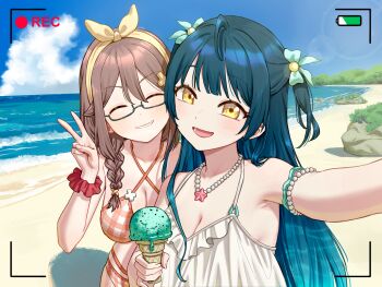 2girls ^_^ aqua_bow artist_request battery_indicator beach bikini blue_hair bow breasts brown_hair cleavage closed_eyes collarbone day dex-chan_(mangadex) facing_viewer food glasses hair_between_eyes hair_bow hair_ornament hairband highres holding holding_food holding_ice_cream holding_ice_cream_cone ice_cream ice_cream_cone jewelry large_breasts lens_flare light_blush long_hair looking_at_viewer mangadex medium_breasts mint_chocolate multiple_girls nami_(namicomi) namicomi necklace official_art open_mouth orange_bikini orange_hairband pearl_necklace recording red_scrunchie scrunchie selfie semi-rimless_eyewear smile swimsuit under-rim_eyewear v wrist_scrunchie yellow_eyes