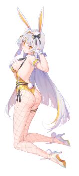 Rule 34 | 1girl, absurdres, animal ear fluff, animal ears, arm garter, arm up, armpits, ass, back, backless leotard, bare shoulders, belt, black survival, bow, bowtie, breasts, closed mouth, dated commentary, detached collar, eternal return: black survival, expressionless, fake tail, fishnet pantyhose, fishnets, from behind, full body, gloves, hair bow, hair intakes, hand on own chest, high heels, highleg, highleg leotard, highres, hop3, leotard, long hair, looking at viewer, looking back, medium breasts, minami rio, minami rio (winning shot), multicolored hair, official alternate costume, pantyhose, partially fingerless gloves, playboy bunny, rabbit ears, rabbit tail, side-tie leotard, sideboob, simple background, solo, spaghetti strap, streaked hair, tail, thigh strap, thighs, tsurime, v, very long hair, white background, white footwear, white gloves, white hair, wrist cuffs, yellow eyes, yellow leotard