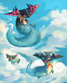 animal_focus artist_name claws closed_mouth commentary dragapult drakloak dreepy english_commentary evolutionary_line floating full_body gen_8_pokemon highres imazartz nintendo no_humans on_head open_mouth pokemon pokemon_(creature) pokemon_focus pokemon_on_head