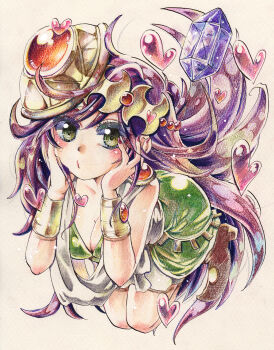 1990s_(style) 1girl akuyuu_(akuyuworld) blush breasts cleavage crystal faris_scherwiz female_focus final_fantasy final_fantasy_v green_eyes hands_on_own_face headpiece heart highres long_hair o3o oracle purple_hair retro_artstyle simple_background solo