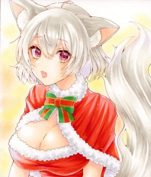 1girl alternate_costume animal_ear_fluff animal_ears bow bowtie breasts capelet cleavage commentary_request dress fur-trimmed_capelet fur-trimmed_dress fur_trim green_bow green_bowtie grey_hair inubashiri_momiji kapibaradon0405 looking_at_viewer open_mouth red_capelet red_dress red_eyes santa_costume santa_dress solo tail touhou wolf_ears wolf_girl wolf_tail