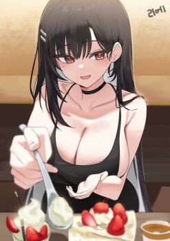 1girl absurdres armpit_crease artist_request bare_arms bare_shoulders black_choker black_dress black_hair blurry breasts check_artist choker cleavage commission depth_of_field dress food hair_ornament hairclip highres incoming_food large_breasts mole mole_under_eye multicolored_hair nogong open_mouth original parfait red_eyes rie_(mirae_yang) second-party_source sleeveless sleeveless_dress smile solo spaghetti_strap two-tone_hair white_hair