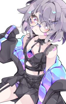Rule 34 | 1girl, absurdres, bandaid, bandaid on cheek, bandaid on face, bandaid on nose, berrychan00, black jacket, black shirt, black skirt, chest jewel, commentary, detached collar, english commentary, gem, glasses, golden week, grey hair, highres, hololive, hololive english, jacket, jewel under eye, koseki bijou, koseki bijou (casual), looking at viewer, purple eyes, purple gem, quilted jacket, round eyewear, shirt, simple background, skirt, solo, virtual youtuber, white background