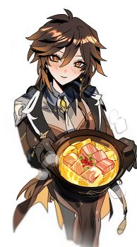 Rule 34 | 1girl, black gloves, black hair, blush, breasts, brown hair, earrings, food, formal clothes, genderswap, genderswap (mtf), genshin impact, gloves, hair between eyes, highres, holding, holding food, jacket, jewelry, long hair, long sleeves, looking at viewer, mimlmi, multicolored hair, open mouth, ponytail, pot, simple background, single earring, slow-cooked bamboo shoot soup (genshin impact), smile, solo, steam, suit, white background, yellow eyes, zhongli (genshin impact)