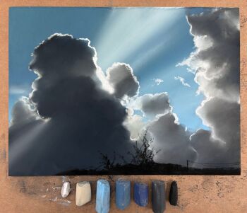 Rule 34 | art tools in frame, backlighting, blue sky, chalk (medium), cloud, commentary request, fence, highres, light rays, miya pastel, no humans, original, outdoors, photo (medium), plant, scenery, sky, sunbeam, sunlight