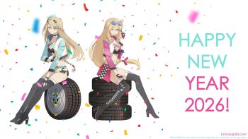 2girls agnes_claudel black_choker blonde_hair blue_eyes blurry blurry_foreground boots braid breasts bun_with_braided_base choker cleavage closed_mouth commentary confetti copyright_logo copyright_name copyright_notice cropped_jacket crown_braid eiyuu_densetsu elaine_auclair english_commentary english_text eyewear_on_head floating_hair full_body george_man green_eyes hair_between_eyes hair_bun happy_new_year high_heel_boots high_heels highres kuro_no_kiseki kuro_no_kiseki_(series) kuro_no_kiseki_ii logo long_hair long_sleeves looking_at_viewer medium_breasts midriff multiple_girls navel new_year race_queen second-party_source shorts simple_background single_braid single_side_bun smile stomach sunglasses thigh_boots two_side_up unused_tire watermark web_address white_background