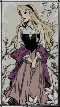 1girl aurora_(disney) black_eyes black_hairband blonde_hair border brown_skirt collared_shirt dress duplicate feet_out_of_frame flower grey_background hairband highres long_hair long_sleeves looking_at_viewer looking_to_the_side makeup masso own_hands_together parted_lips pixel-perfect_duplicate purple_shawl red_lips shawl shirt skirt sleeping_beauty_(disney) solo standing white_border white_flower white_shirt