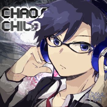 1boy artist_name black_jacket blue_eyes blue_hair chaos;child collarbone collared_shirt copyright_name expressionless glasses headphones jacket looking_at_viewer loose_necktie male_focus miyashiro_takuru necktie non-web_source open_collar rotte_(1109) science_adventure shirt short_hair signature solo upper_body