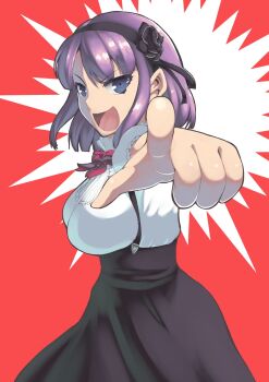Rule 34 | 1girl, blue eyes, breasts, dagashi kashi, from side, hairband, index finger raised, kurogane riku, large breasts, legs, long skirt, medium hair, open mouth, pointing, pointing at viewer, purple hair, shidare hotaru, sideboob, skirt, smile, suspenders, thighs, tongue