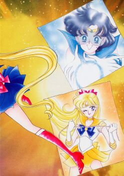 1990s_(style) 3girls :d absurdres aino_minako artbook bishoujo_senshi_sailor_moon blue_choker blue_hair blue_skirt boots bow choker hair_bow highres incredibly_absurdres inner_senshi inset long_hair magical_girl mizuno_ami multiple_girls official_art one_eye_closed open_mouth pale_skin pleated_skirt red_boots red_bow retro_artstyle sailor_collar sailor_mercury sailor_moon sailor_senshi sailor_senshi_uniform sailor_venus scan shine_aqua_illusion short_hair skirt smile takeuchi_naoko tsukino_usagi venus_chain_(sailor_moon) venus_love_me_chain yellow_background yellow_choker yellow_sailor_collar yellow_skirt