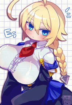 1girl ahoge arc_system_works becomori blazblue blazblue:_central_fiction blonde_hair blue_eyes blush braid braided_ponytail breasts center_frills character_name commentary_request dress es_(xblaze) frills hair_between_eyes highres huge_ahoge huge_breasts long_hair long_sleeves looking_at_viewer necktie oppai_loli red_necktie shirt single_braid solo underbust white_shirt xblaze