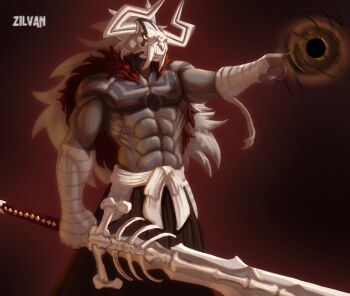 1boy abs artist_name bandages black_sclera bleach bone_sword cape cero colored_sclera fangs furry furry_male gradient_background greatsword holding holding_sword holding_weapon hole hollow_(bleach) horns japanese_clothes kimono long_hair male_focus muscular muscular_arms muscular_male no_shirt original pectorals pointing serious simple_background skull solo source_request sword tattoo threatening weapon white_hair yellow_eyes zilvan