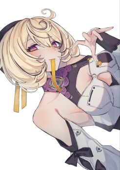 1girl alternate_breast_size_(smaller) bare_shoulders black_bow black_hat blonde_hair blush bow breasts cleavage commentary_request czc9q2 detached_sleeves hair_between_eyes hat highres looking_at_viewer medium_breasts mole mole_under_mouth mouth_hold purple_eyes ribbon ribbon_in_mouth ringed_eyes shirt short_hair solo upper_body white_background white_shirt yidhari_murphy zenless_zone_zero