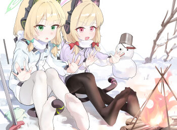 2girls absurdres animal_ear_headphones animal_ears black_pantyhose blonde_hair blue_archive bow bucket cat_ear_headphones cat_ears cat_tail coat fake_animal_ears fake_tail feet fire green_eyes hair_bow halo headphones highres jacket legs long_sleeves midori_(blue_archive) momoi_(blue_archive) multiple_girls no_shoes open_mouth outdoors pantyhose pink_eyes red_eyes scarf short_hair siblings sidelocks sisters sitting smile snow snowman soles tail toes twins weeyi white_jacket winter_clothes