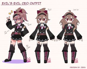 1girl :< :p alternate_costume alternate_hairstyle armband arrow_(symbol) bandaid_on_thigh belt black_boots black_choker black_gloves black_hairband black_jacket black_skirt black_thighhighs boots bow broken_heart broken_heart_earrings broken_heart_hair_ornament brown_belt brown_hair buttons character_name choker closed_mouth collared_jacket collared_shirt double-breasted double-parted_bangs english_text evil_neuro-sama fang fingerless_gloves full_body gloves hair_between_eyes hair_bow hair_ornament hairband hand_on_own_hip heart highres jacket lace-up_boots light_blush long_hair long_sleeves looking_at_viewer miniskirt multicolored_boots multiple_views name_tag neck_ribbon neuro-sama notice_lines pleated_skirt pointing_out_the_details ponytail red_boots red_bow red_eyes red_ribbon reference_sheet ribbon shadow shirt signature skin_fang skirt skull_button skull_hair_ornament standing studded_footwear studded_jacket tachi-e thighhighs tongue tongue_out torn_clothes torn_hair_bow torn_hair_ribbon torn_thighhighs two-tone_boots two_side_up v v-shaped_eyebrows vedal_ai wallet_chain white_shirt yellow_background zerudawaa