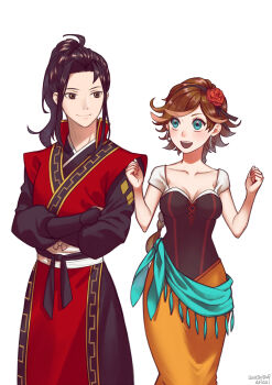 1boy 1girl absurdres agnea_bristarni ariazi arms_up black_hair blue_eyes blush breasts brown_hair closed_mouth collarbone commentary_request crossed_arms earrings high_collar high_ponytail highres hikari_ku hoop_earrings jewelry large_breasts long_hair octopath_traveler octopath_traveler_ii open_mouth ponytail simple_background smile white_background