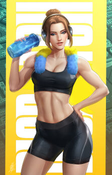 1girl absurdres biceps bike_shorts breasts brown_hair cleavage commentary copyright_name dispatch english_commentary hand_on_own_hip headphones highres kodiart96 mandy_(dispatch) muscular muscular_female navel parted_lips solo sports_bra stomach thermos thighs towel towel_around_neck