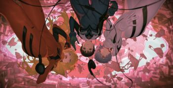 1boy 2girls absurdres ass atomicxx ayanami_rei blue_hair bodysuit brown_hair curvy dutch_angle foreshortening hair_ornament hand_on_own_hip highres ikari_shinji long_hair looking_at_viewer low_angle mecha_pilot_suit multiple_girls neon_genesis_evangelion plugsuit_(evangelion) red_bodysuit short_hair skin_tight skindentation sky smile souryuu_asuka_langley standing two_side_up very_long_hair white_bodysuit wide_hips