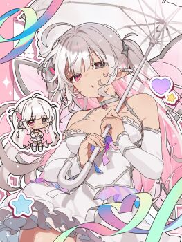 Rule 34 | 1girl, ahoge, bare shoulders, breasts, chibi, choker, colored inner hair, commentary, commission, cowboy shot, detached sleeves, dot nose, ear cuffs, english commentary, grey choker, grey eyes, heart, heart ribbon, heterochromia, highres, holding, holding umbrella, indie virtual youtuber, jitome, long hair, long sleeves, looking at viewer, medium breasts, multicolored hair, orphaneater io, parted lips, pink background, pink eyes, pink hair, pointy ears, ribbon, skirt, skirt set, star (symbol), swept bangs, twintails, two-handed, umbrella, very long hair, white hair, white skirt