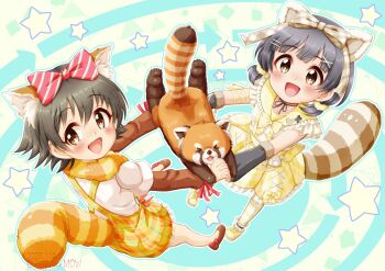 2girls :d akagi_miria animal animal_ear_fluff animal_ears arrow_(symbol) black_hair blush bow brown_bow brown_eyes brown_shoes commentary_request dated diagonal-striped_bow fake_animal_ears frilled_sailor_collar frills grey_hair hair_bow hair_ornament hairclip highres holding_hands idolmaster idolmaster_cinderella_girls idolmaster_million_live! interlocked_fingers layered_sleeves long_sleeves multiple_girls nakatani_iku open_mouth pantyhose plaid_bow plaid_clothes plaid_skirt red_panda regular_mow sailor_collar shirt shoes short_over_long_sleeves short_sleeves skirt smile star_(symbol) striped_bow striped_clothes striped_pantyhose striped_tail suspender_skirt suspenders tail twitter_username watermark white_shirt x_hair_ornament yellow_sailor_collar yellow_shoes yellow_skirt
