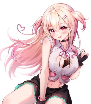 1girl aqua_nails arm_between_legs between_breasts black_choker blonde_hair breasts brown_gloves brown_skirt chocolate choker cleavage_cutout closed_mouth clothing_cutout collared_shirt cropped_shirt fang fingerless_gloves food_between_breasts gloves gradient_hair hand_up highres long_hair medium_breasts momose_nina multicolored_hair nail_polish navel neck_ribbon pink_hair pink_nails pink_ribbon pleated_skirt project_nebula ribbon shirt short_sleeves simple_background sitting skirt solo toki_(toki_ship8) tongue tongue_out transparent_background two_side_up virtual_youtuber white_shirt