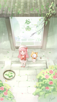 1girl animal architecture artist_request beret blunt_bangs blush_stickers bow bowl bowtie brown_eyes bush capelet cat chibi chinese_commentary chinese_text clothed_animal cobblestone collared_shirt commentary_request copyright_name day ear_covers east_asian_architecture eyelashes flower hands_on_lap hat hat_flower heart heart_print highres hood hood_up hooded_capelet house kneehighs layered_sleeves leaf long_hair long_sleeves looking_at_viewer miniskirt momo_(nikki) nikki_(nikki) nikki_(series) official_art open_mouth outdoors path petals pink_flower pink_hair pleated_skirt puffy_long_sleeves puffy_sleeves rain red_bow red_bowtie red_footwear red_sweater road rose_petals second-party_source shining_nikki shirt shoes sitting sitting_on_stairs skirt smile socks spring_(season) stairs straight_hair sweater teeth translation_request upper_teeth_only very_long_hair white_cat white_hat white_shirt white_skirt white_socks willow yellow_capelet