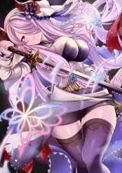 Rule 34 | 1girl, absurdres, black thighhighs, blue eyes, breasts, bug, butterfly, commentary request, commission, granblue fantasy, habutei, hair over one eye, highres, holding, holding sword, holding weapon, horns, insect, katana, large breasts, long hair, looking at viewer, narmaya (granblue fantasy), purple hair, skeb commission, solo, sword, thighhighs, weapon