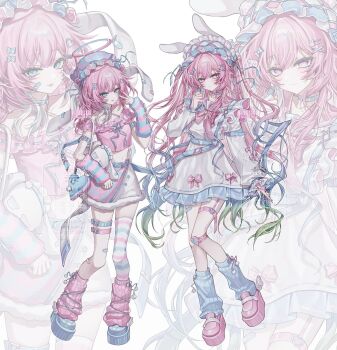 Rule 34 | 2girls, animal ears, aqua hair, blue eyes, blue hair, blue leg warmers, blue shoes, breasts, commentary, cyrene (demiurge) (honkai: star rail), cyrene (honkai: star rail), cyrene (philia093) (honkai: star rail), diamond-shaped pupils, diamond (shape), dress, dual persona, fake animal ears, halo, headdress, heart-shaped bag, highres, honkai: star rail, honkai (series), leg warmers, long hair, looking at viewer, multicolored hair, multiple girls, photoshop (medium), pink hair, pink leg warmers, pink shirt, pink shoes, platform shoes, purple eyes, rabbit ears, shirt, shoes, short hair, skirt, small breasts, smile, striped arm warmers, striped clothes, striped thighhighs, symbol-only commentary, symbol-shaped pupils, thighhighs, tongue, tongue out, touyu 1210, two-tone hair, very long hair, white background, white dress, white hair, white skirt, zoom layer