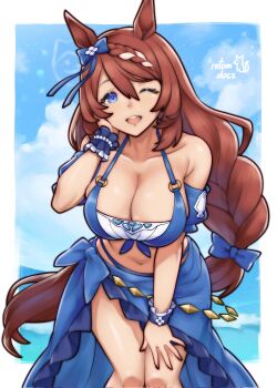 1girl animal_ears bare_shoulders bikini blue_bikini blue_bow blue_eyes blue_sarong blue_sky bow braid breasts brown_hair cleavage collarbone ear_bow hair_between_eyes highres horse_ears horse_girl horse_tail large_breasts leaning_forward long_hair looking_at_viewer multicolored_hair navel ocean one_eye_closed open_mouth rotomdocs sarong sky smile solo stomach streaked_hair super_creek_(umamusume) swimsuit tail teeth umamusume very_long_hair water white_hair wrist_cuffs