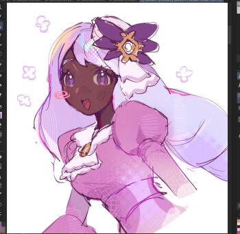 1girl ascot baariezz blush_stickers dark-skinned_female dark_skin dress fascinator frilled_ascot frills hair_ornament highres jacinthe_(pokemon) long_hair looking_at_viewer low_drills nintendo open_mouth pokemon pokemon_legends:_z-a purple_dress purple_eyes purple_hair sketch solo very_dark_skin