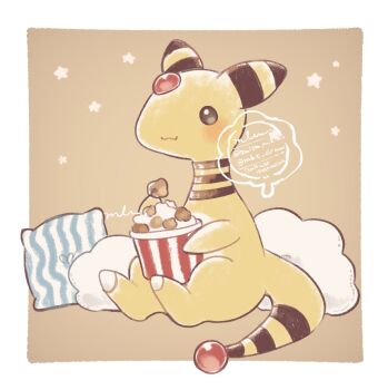 Rule 34 | ampharos, blush, border, brown background, commentary request, eating, food, forehead jewel, gen 2 pokemon, highres, mkt (buizu-miki), nintendo, no humans, pillow, pokemon, pokemon (creature), pokemon focus, popcorn, sitting, solo, star (symbol), twitter username, white border