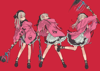 1girl apron belt black_dress brown_hair collared_dress colored_inner_hair dress fishnet_socks fishnets full_body hammer heavy high_heels highres holding holding_hammer hood hood_down hoodie koze_niire long_belt long_hair long_sleeves maid maid_headdress makaino_ririmu makaino_ririmu_(5th_costume) motion_blur multicolored_hair multiple_views nijisanji off_shoulder open_clothes open_hoodie pink_eyes pink_hair pink_hoodie platform_footwear red_background sequential simple_background sledgehammer socks standing standing_on_one_leg swinging two-handed two_side_up virtual_youtuber waist_apron white_belt