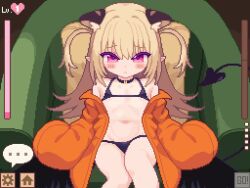 1girl animal_ear_fluff animal_ears animated armchair ass assisted_exposure barefoot belly belly_rub bikini black_bra black_panties blonde_hair blush bra bra_pull breasts chair choker clothes_pull cursor demon_tail feet female_focus gameplay_mechanics gluteal_fold headpat jacket legs_up loli long_hair looking_at_viewer navel nipples no_entity on_chair open_clothes open_jacket orange_jacket original panties partially_visible_vulva pink_eyes pixel_art sitting small_breasts solo sound spread_legs spreading_another&#039;s_legs swimsuit tagme tail thighs toes underwear user_interface video