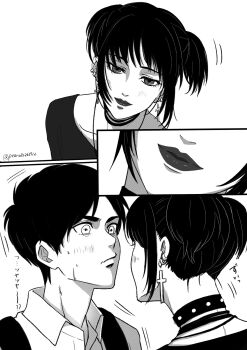 1boy 1girl backpack bag black_choker black_hair black_lips black_shirt choker collared_shirt commentary cross cross_earrings earrings eren_yeager goth_fashion greyscale hetero highres jewelry light_blush looking_at_another mikasa_ackerman monochrome multiple_earrings official_alternate_costume official_alternate_hairstyle parted_bangs peanuts261912 shingeki_no_kyojin shirt short_hair short_twintails sidelocks studded_choker sweatdrop symbol-only_commentary twintails twitter_username upper_body white_background